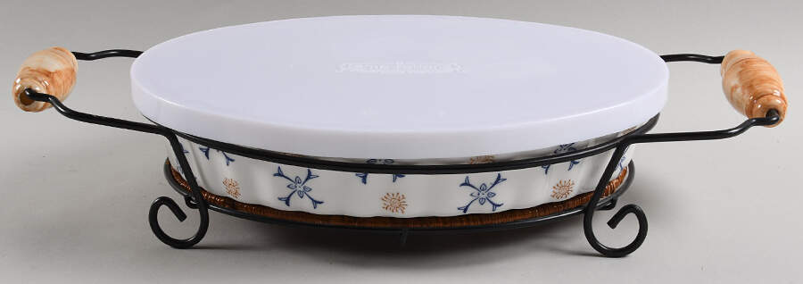 Provance 12" Oval Baker with Plastic Lid, Wicker Trivet & Metal Stand by Temp-Tations-1