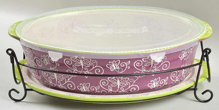 Floral Lace Spring 14" Oval Baker W/Plastic Lid, Lid-It & Metal Stand by Temp-Tations-1