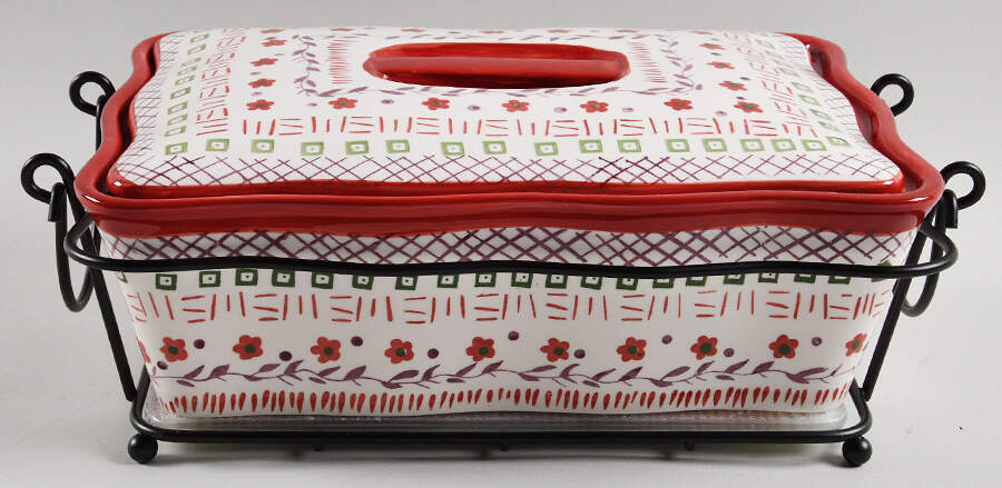 Tapestry Cranberry 10" Rectangular Baker with Lid Trivet & Metal Stand by Temp-Tations-1