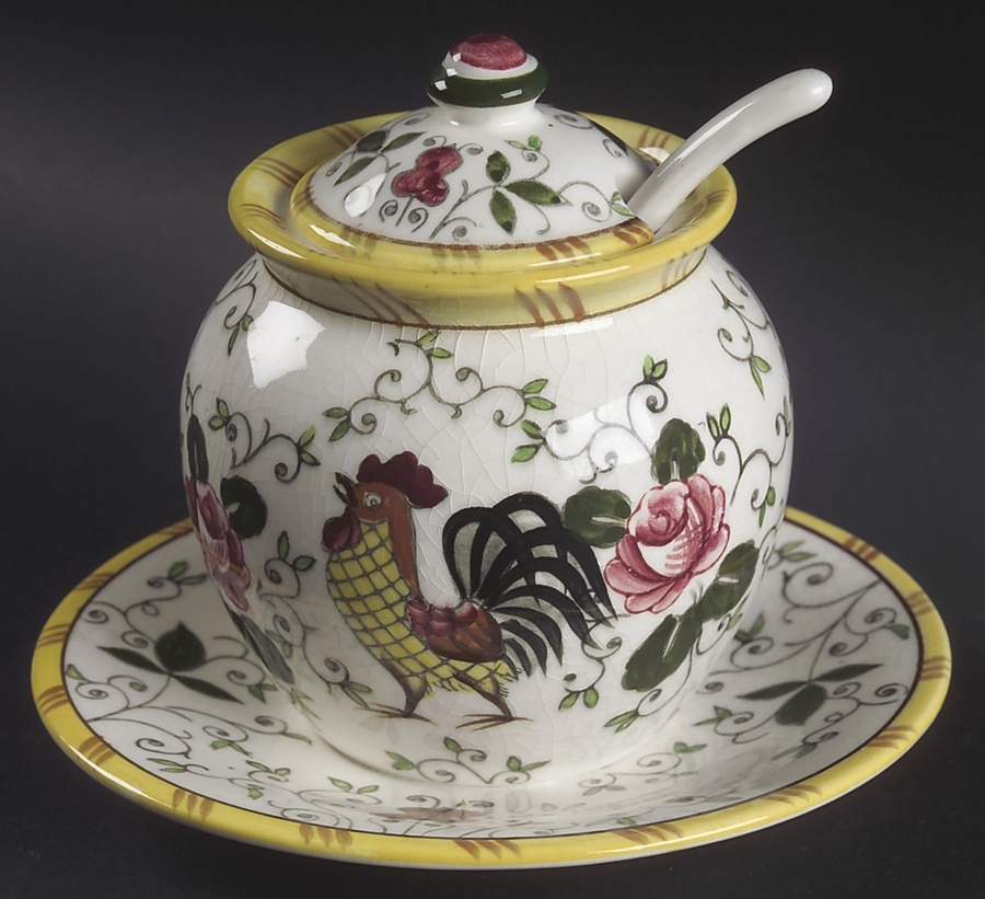 Early Provincial Jam/Jelly & Lid w/Attached Underplate & Spoon by Ucagco-1