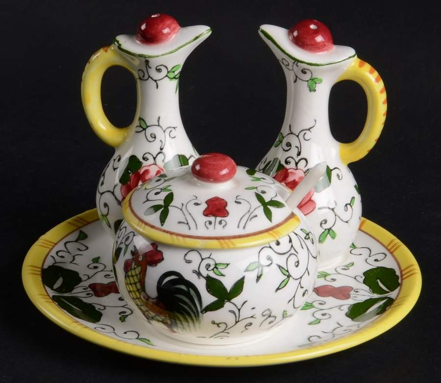 Early Provincial 4 Piece Cruet Set on Tray by Ucagco-1