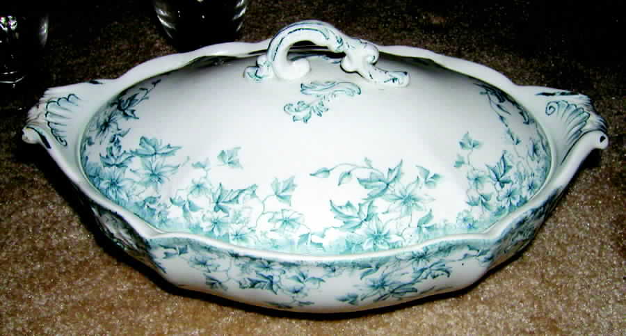 Olympia Blue Green Oval Covered Vegetable by Upper Hanley-1
