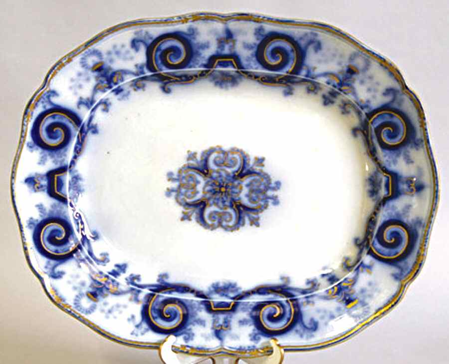 Doric (Flow Blue) 16" Oval Serving Platter by Wood & Brownfield-1