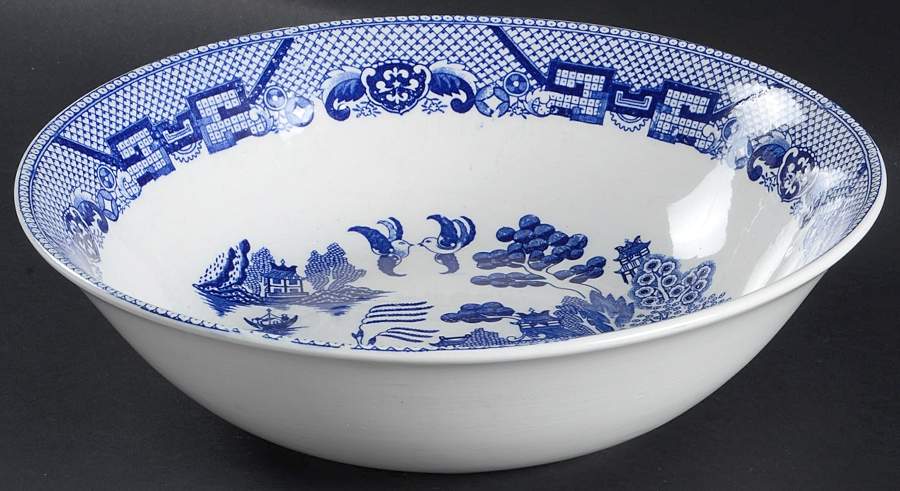 Willow (Blue, No Marks) 11" Large Salad Serving Bowl by Unknown Manufacturer-1