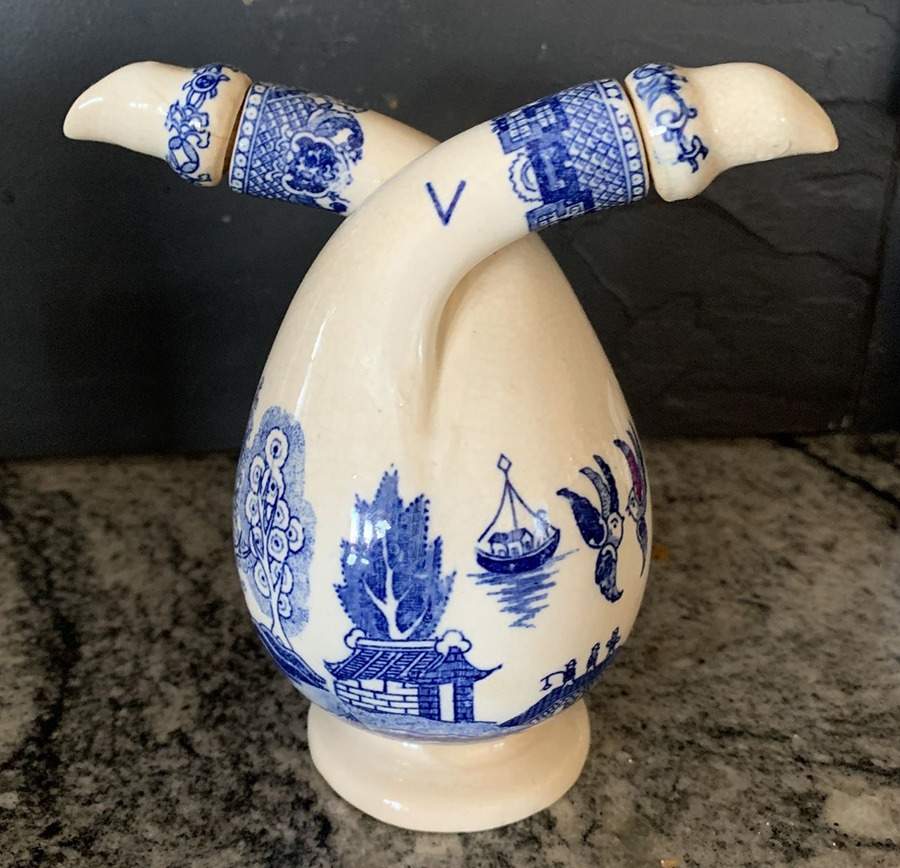 Willow (Blue, No Marks) Attached Oil and Vinegar Set with Stoppers by Unknown Manufacturer-1