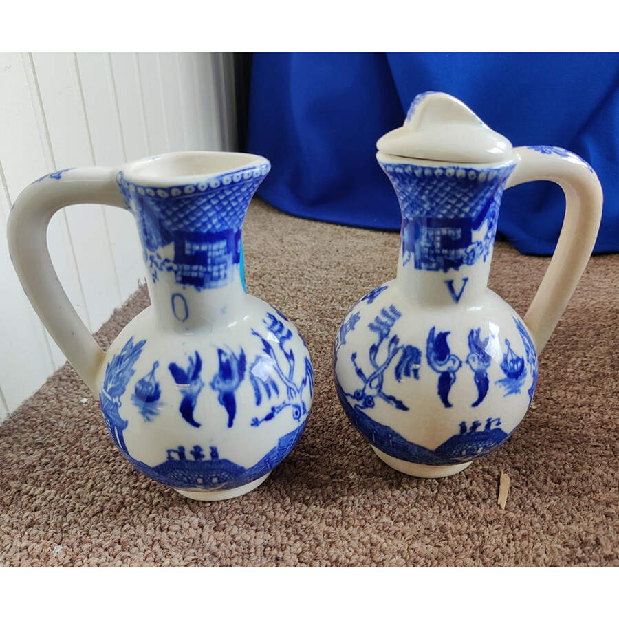 Willow (Blue, No Marks) Vinegar and Oil Set with Stoppers by Unknown Manufacturer-1