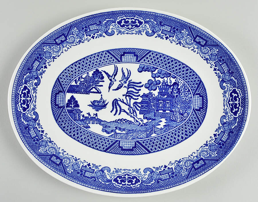 Willow (Blue, No Marks) 13" Oval Serving Platter by Unknown Manufacturer-1