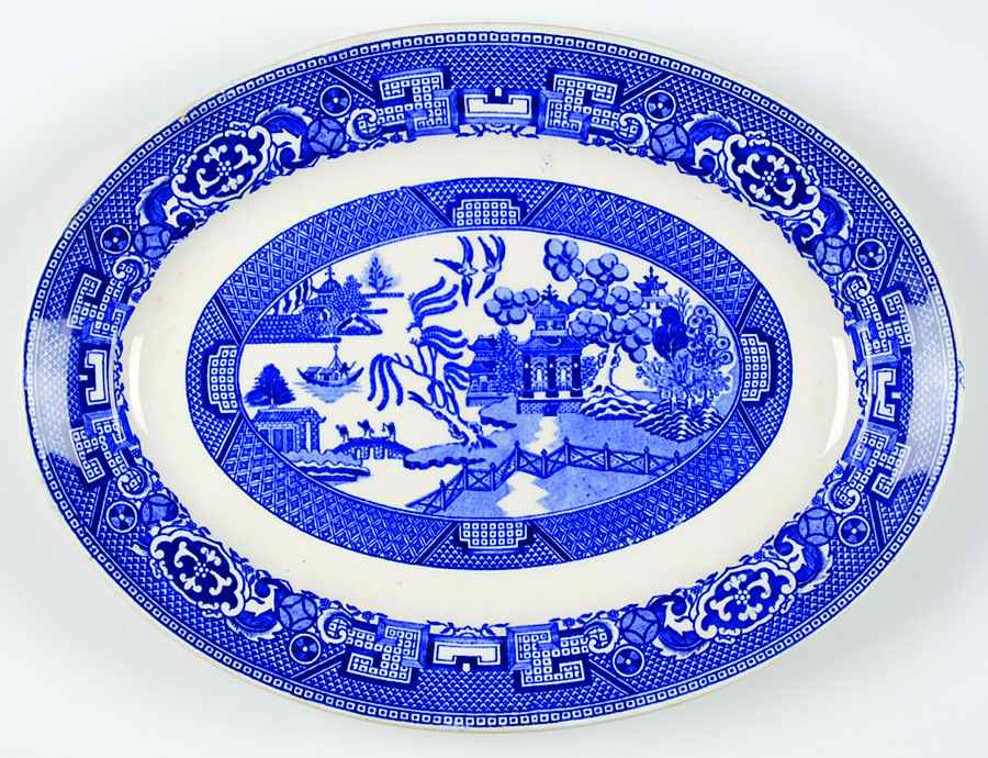 Willow (Blue, No Marks) 11" Oval Serving Platter by Unknown Manufacturer-1