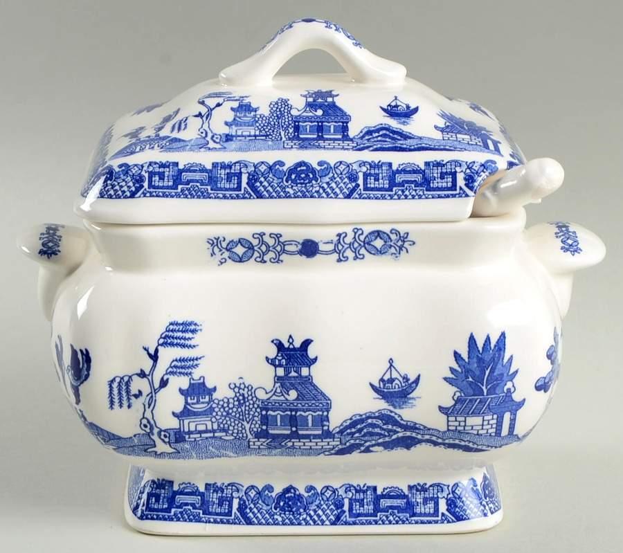 Willow (Blue, No Marks) Mini Tureen w/Lid & Ladle by Unknown Manufacturer-1