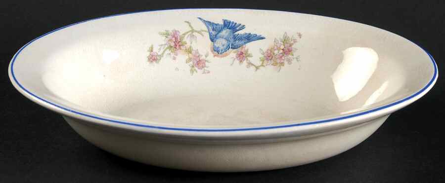 Bluebird (Mo Marks, Blue Trim) 8" Oval Vegetable Bowl by Unknown Manufacturer-1