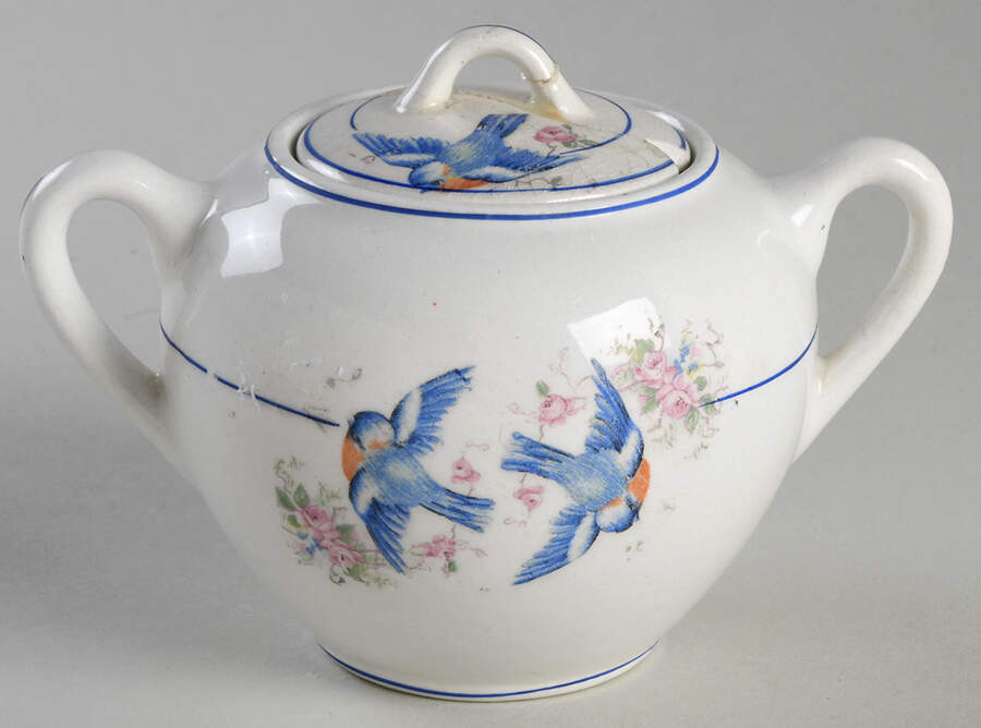 Bluebird (Blue Trim & Band, No Marks) Sugar Bowl & Lid by Unknown Manufacturer-1
