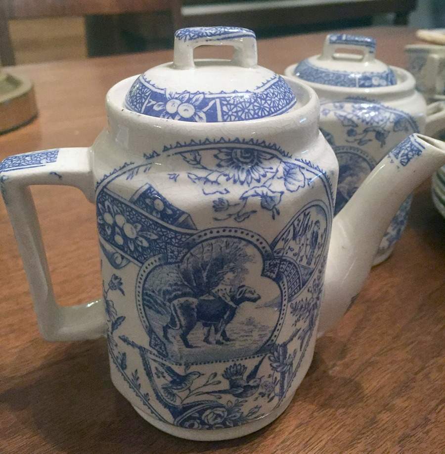 Girls with Pet Blue Toy Coffee Pot and Lid by Allerton's-1