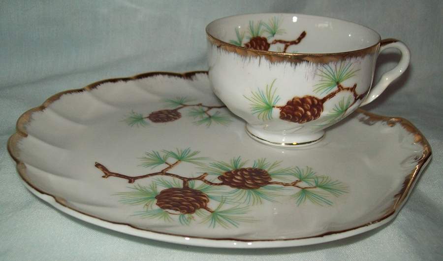 Pine Cone Brushed Gold Snack Plate & Cup Set by Norcrest-1