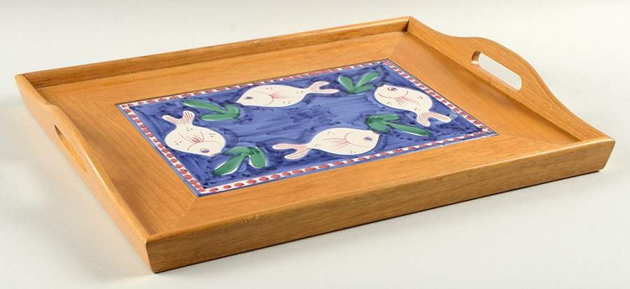 Campagna-Fish Royal Blue (Pesce) Rectangular Wood Tray with Tile Insert by Vietri (Italy)-1