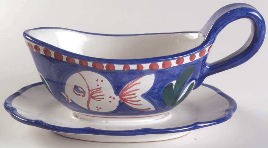 Campagna-Fish Royal Blue (Pesce) Gravy Boat with Attached Underplate by Vietri (Italy)-1
