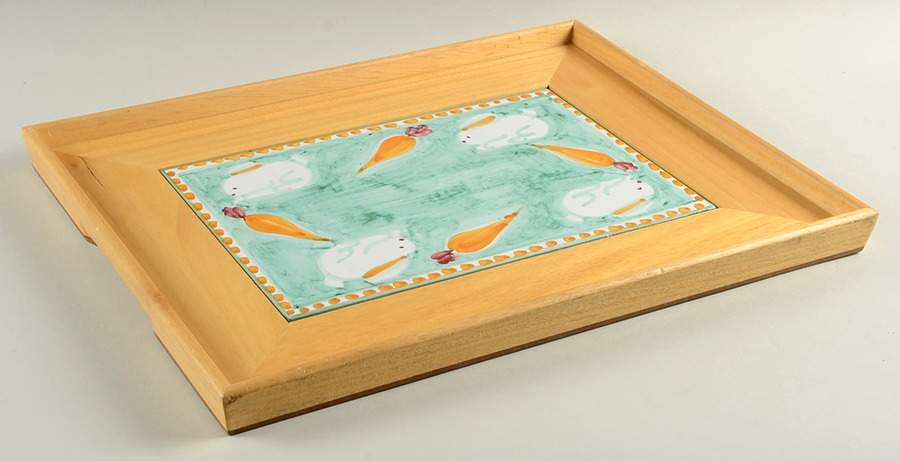 Campagna Rabbit (Coniglio) Rectangular Wood Tray with Tile Insert by Vietri (Italy)-1