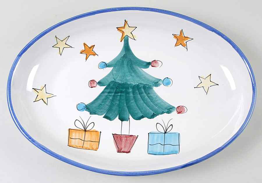 Natale (Blue Trim) 16" Oval Serving Platter by Vietri (Italy)-1