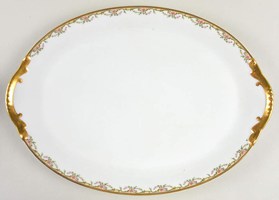 The Meuse (Pink & Yellow Flowers, Green) 16" Oval Serving Platter by Vignaud-1