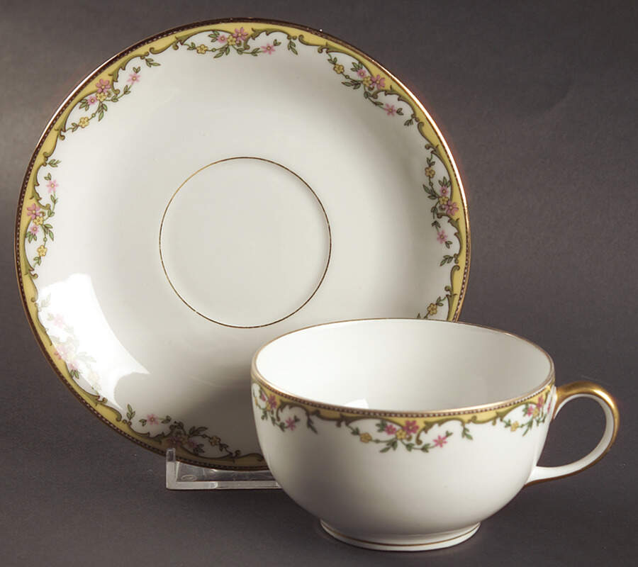 The Meuse (Pink & Yellow Flowers, Green) Flat Cup & Saucer Set by Vignaud-1
