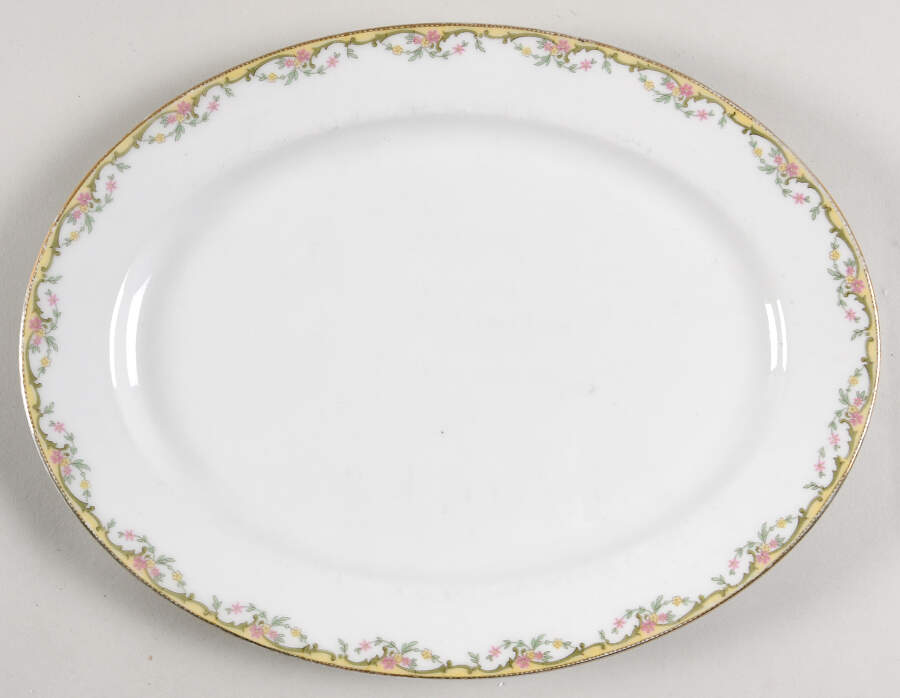 The Meuse (Pink & Yellow Flowers, Green) 11" Oval Serving Platter by Vignaud-1