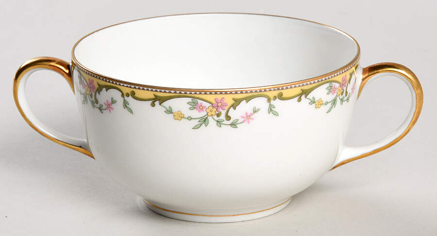 The Meuse (Pink & Yellow Flowers, Green) Flat Bouillon Cup by Vignaud-1