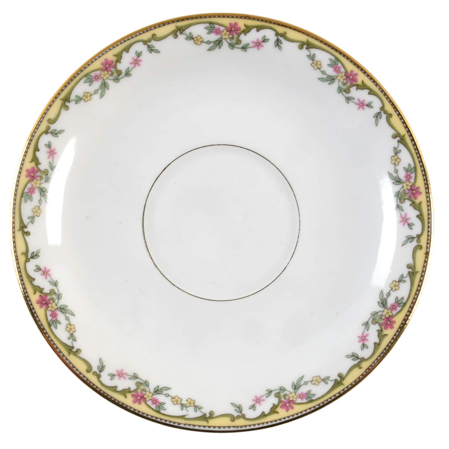 The Meuse (Pink & Yellow Flowers, Green) Saucer for Flat Cup by Vignaud-1