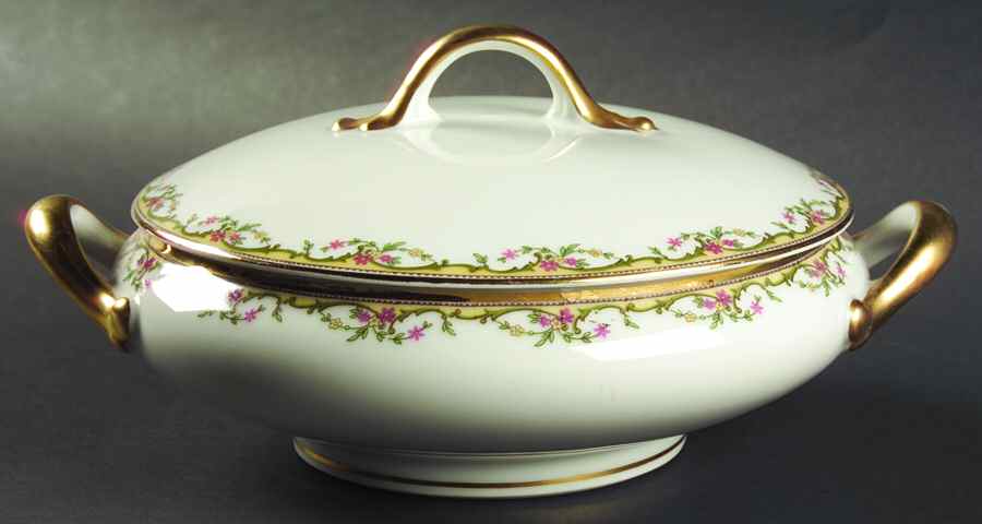 The Meuse (Pink & Yellow Flowers, Green) Round Covered Vegetable by Vignaud-1
