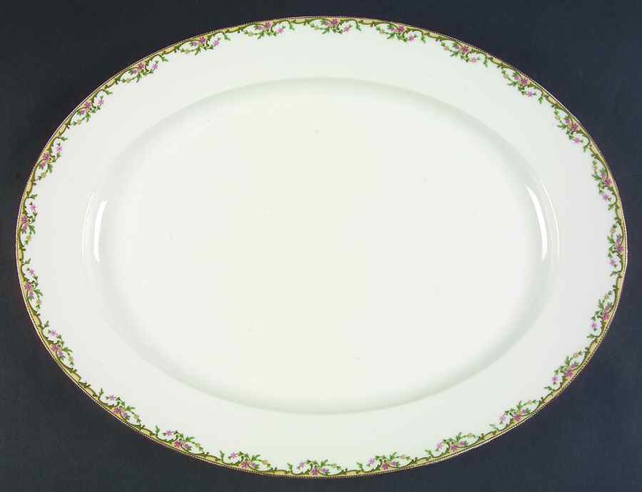 The Meuse (Pink & Yellow Flowers, Green) 16" Oval Serving Platter by Vignaud-1