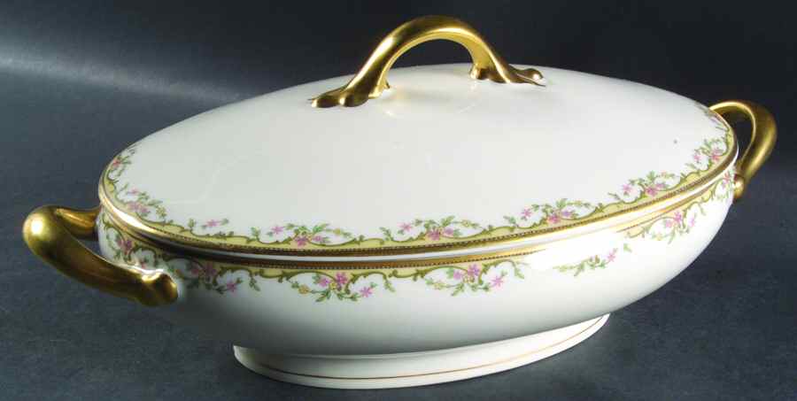 The Meuse (Pink & Yellow Flowers, Green) Oval Covered Vegetable by Vignaud-1