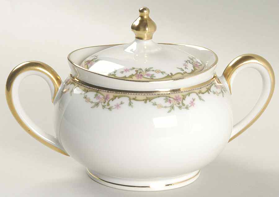 The Meuse (Pink & Yellow Flowers, Green) Sugar Bowl & Lid by Vignaud-1