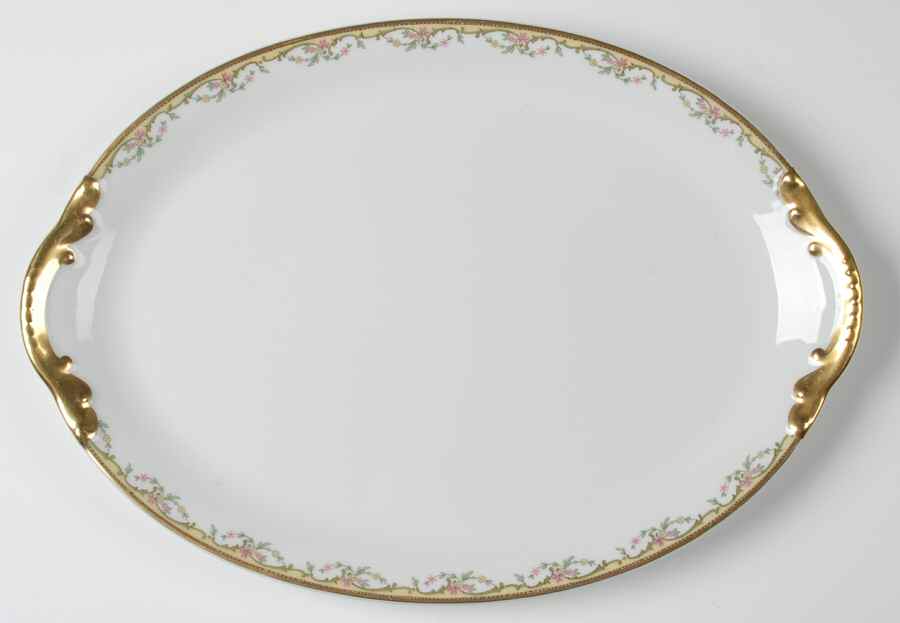 The Meuse (Pink & Yellow Flowers, Green) 14" Oval Serving Platter by Vignaud-1