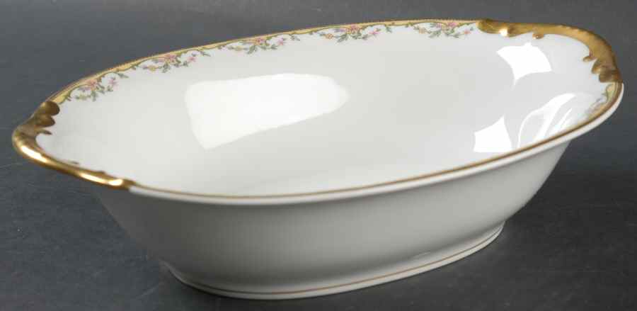 The Meuse (Pink & Yellow Flowers, Green) 10" Oval Vegetable Bowl by Vignaud-1
