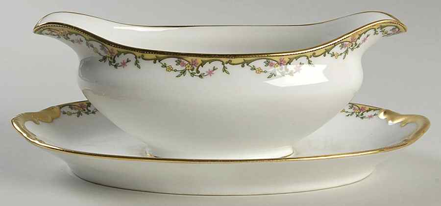 The Meuse (Pink & Yellow Flowers, Green) Gravy Boat with Attached Underplate by Vignaud-1