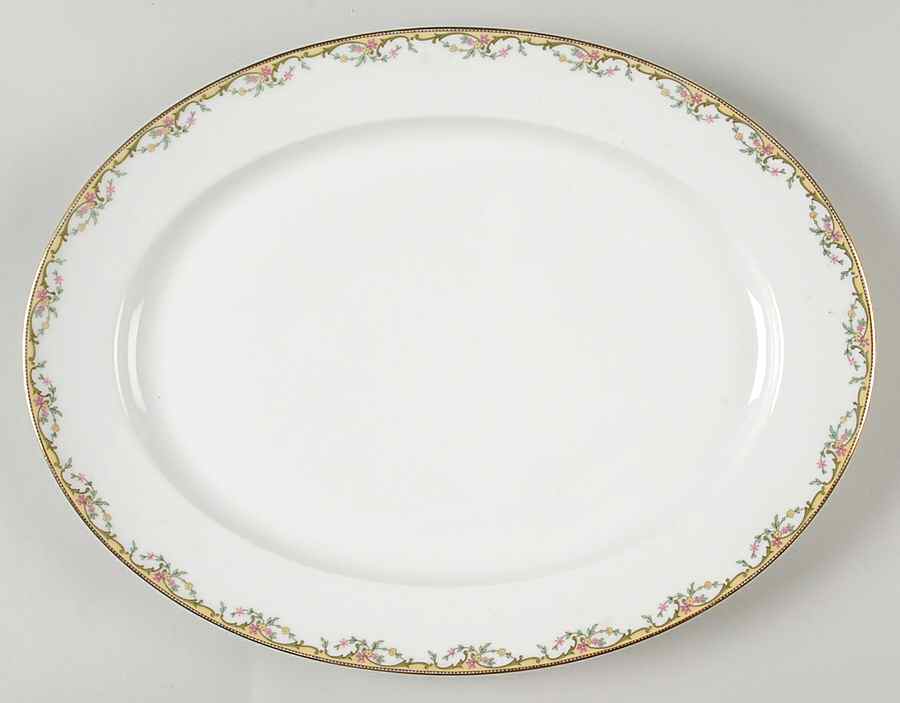 The Meuse (Pink & Yellow Flowers, Green) 13" Oval Serving Platter by Vignaud-1