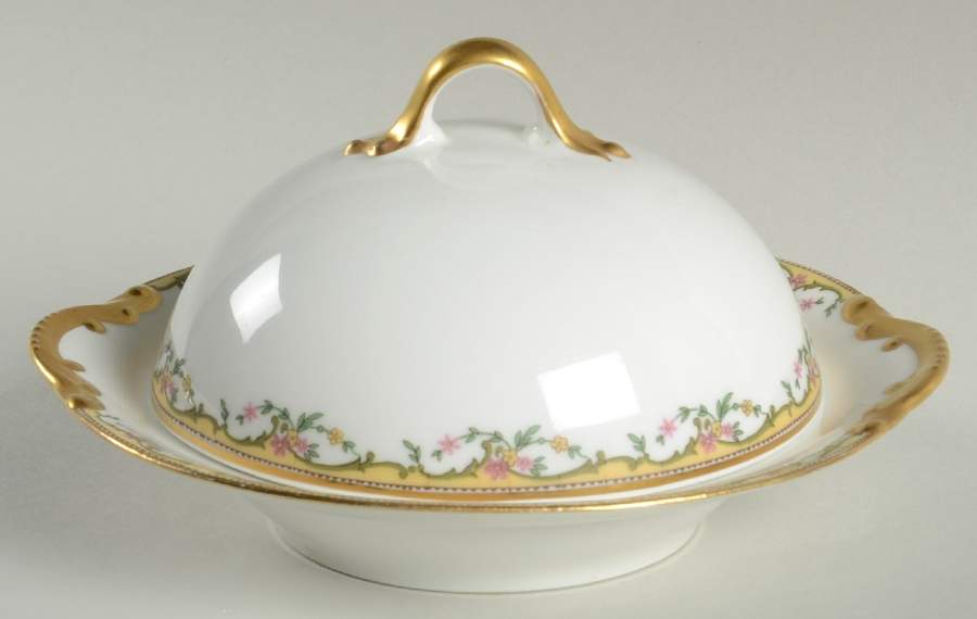 The Meuse (Pink & Yellow Flowers, Green) Round Covered Butter by Vignaud-1