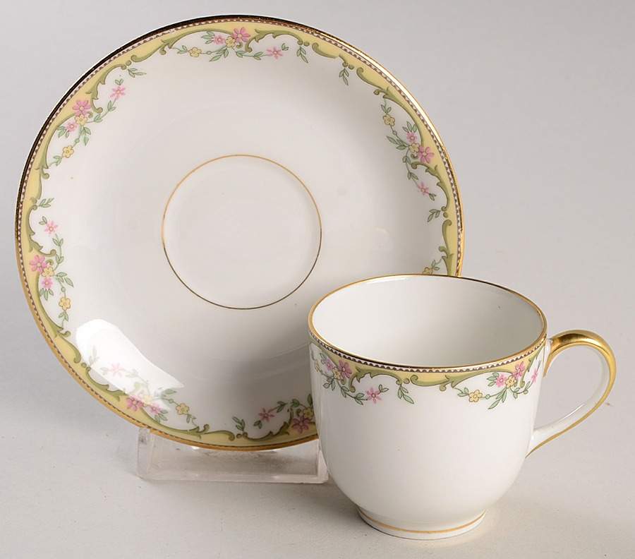 The Meuse (Pink & Yellow Flowers, Green) Flat Demitasse Cup & Saucer Set by Vignaud-1