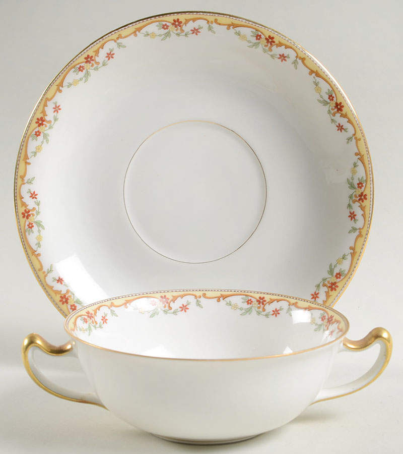 The Meuse (Rust & Yellow Flowers, Tan) Flat Cream Soup Bowl & Saucer Set by Vignaud-1