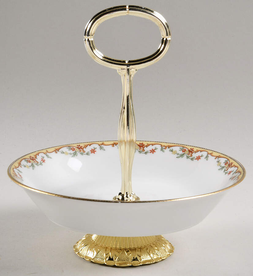 The Meuse (Rust & Yellow Flowers, Tan) 6"-7" Handled Footed Nut Dish HC by Vignaud-1
