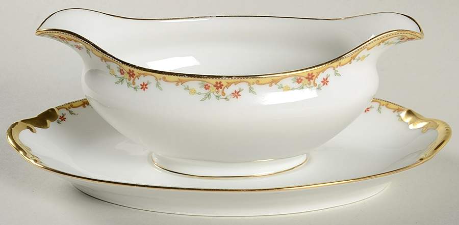 The Meuse (Rust & Yellow Flowers, Tan) Gravy Boat with Attached Underplate by Vignaud-1