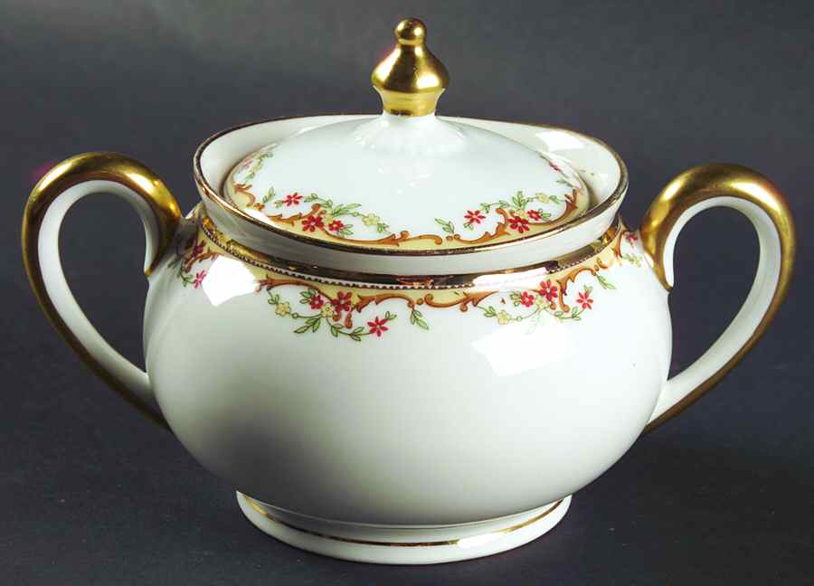 The Meuse (Rust & Yellow Flowers, Tan) Sugar Bowl & Lid by Vignaud-1