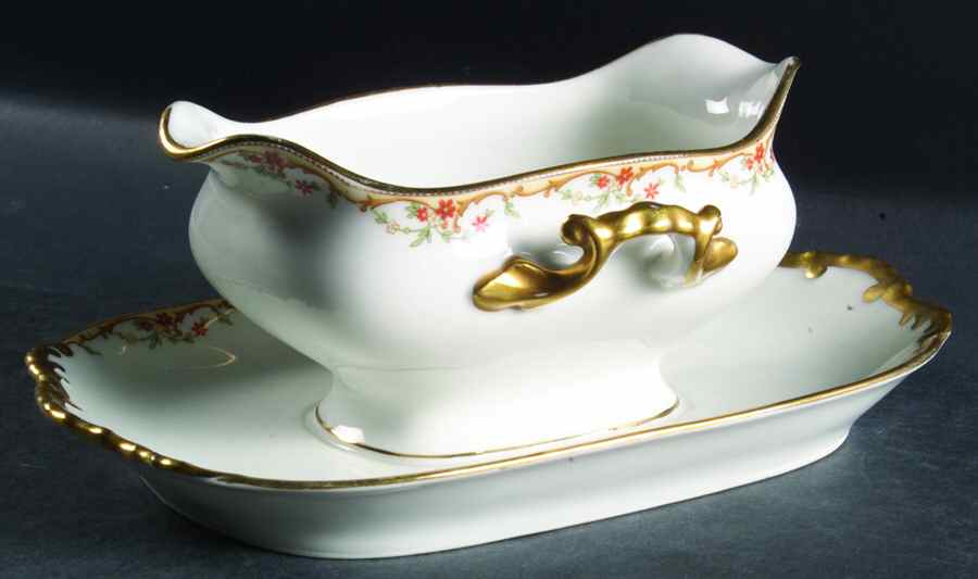 The Meuse (Rust & Yellow Flowers, Tan) Gravy Boat with Attached Underplate by Vignaud-1