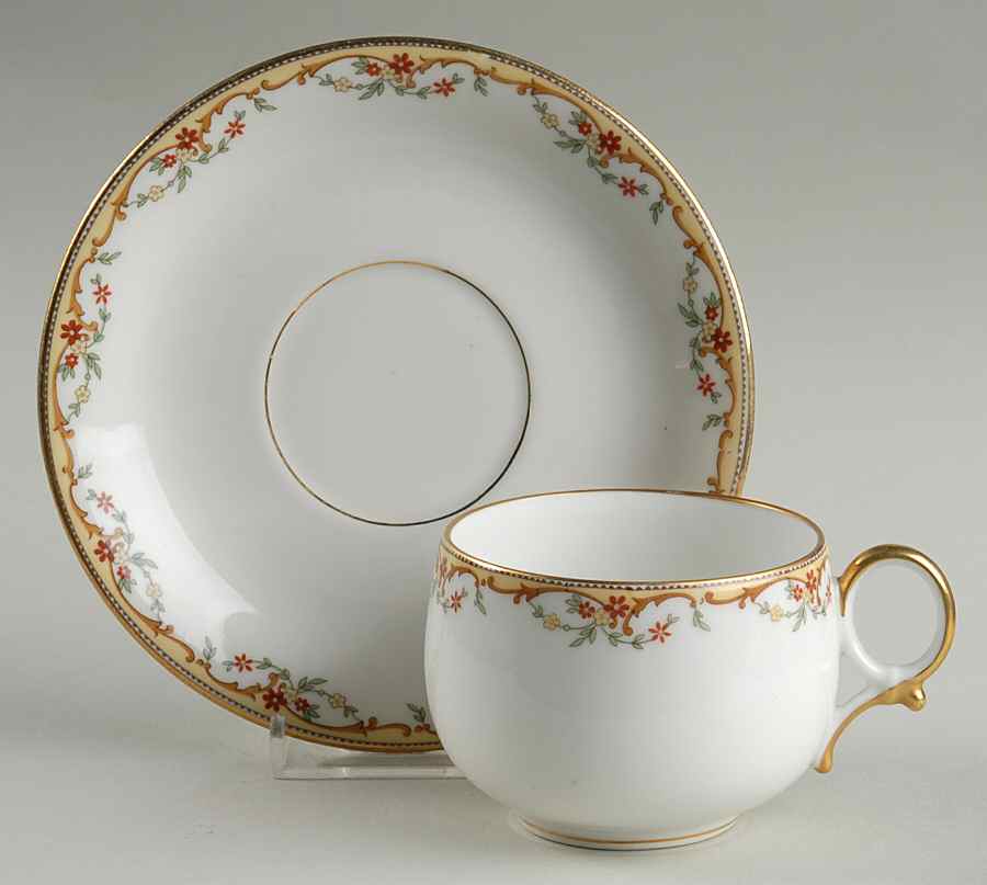 The Meuse (Rust & Yellow Flowers, Tan) Flat Cup & Saucer Set by Vignaud-1