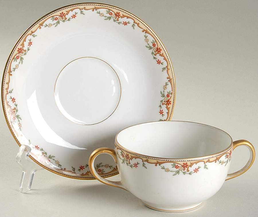 The Meuse (Rust & Yellow Flowers, Tan) Flat Bouillon Cup & Saucer by Vignaud-1