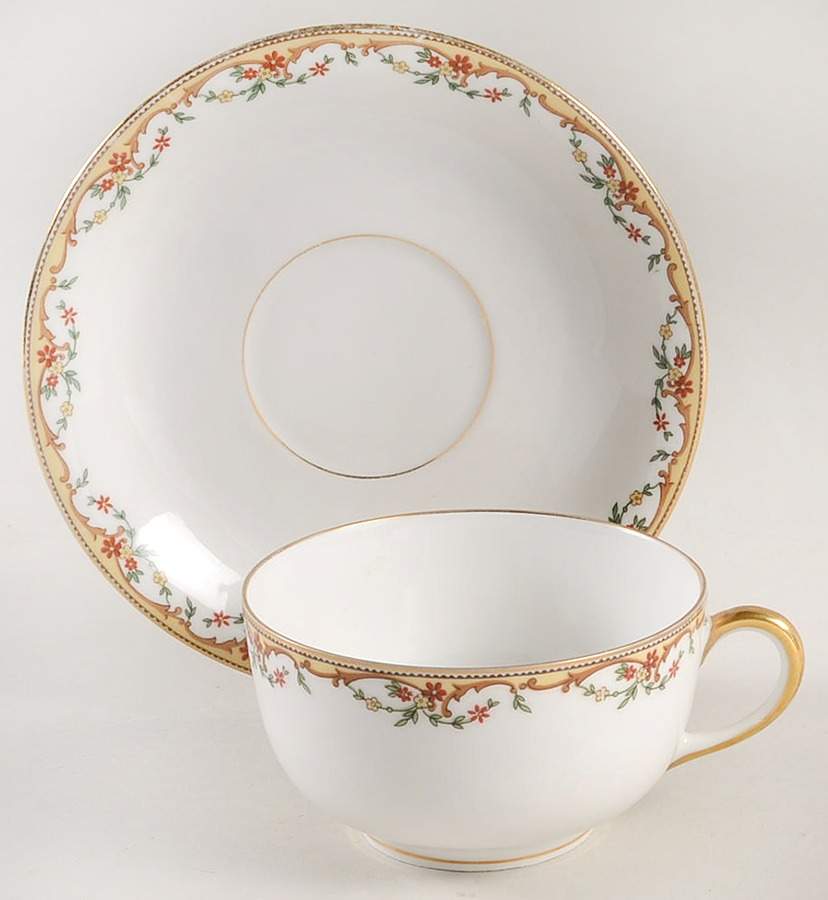The Meuse (Rust & Yellow Flowers, Tan) Flat Cup & Saucer Set by Vignaud-1
