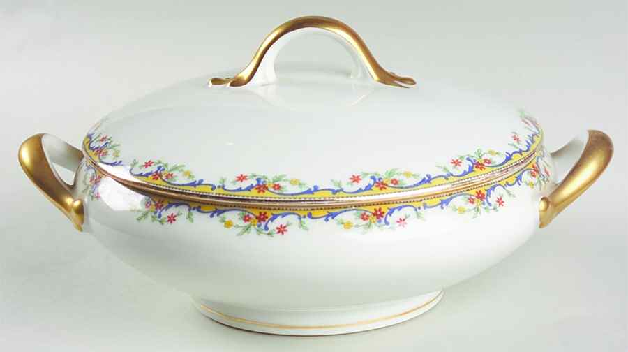 The Meuse (Red Flowers, Blue) Round Covered Vegetable by Vignaud-1