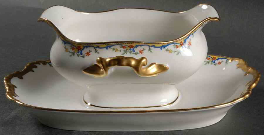 The Meuse (Red Flowers, Blue) Gravy Boat with Attached Underplate by Vignaud-1