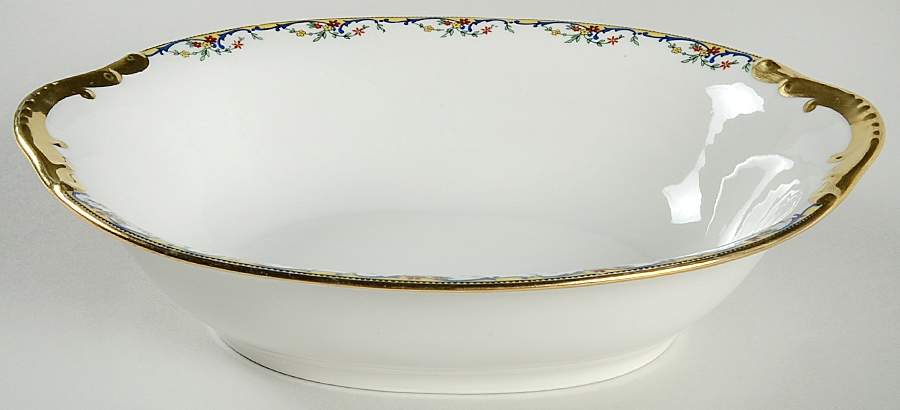 The Meuse (Red Flowers, Blue) 10" Oval Vegetable Bowl by Vignaud-1