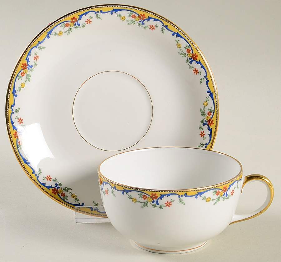 The Meuse (Red Flowers, Blue) Flat Cup & Saucer Set by Vignaud-1
