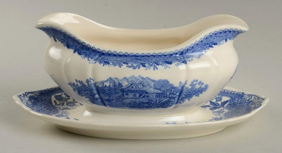 Burgenland Blue (Brown Backstamp) Gravy Boat with Attached Underplate by Villeroy & Boch-1