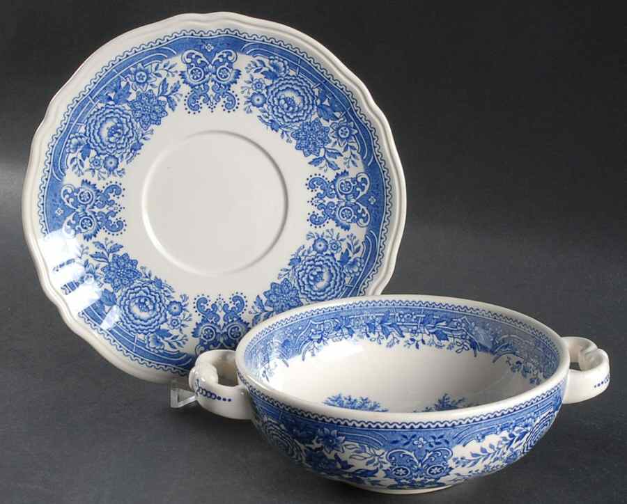 Burgenland Blue (Brown Backstamp) Flat Cream Soup Bowl & Saucer Set by Villeroy & Boch-1